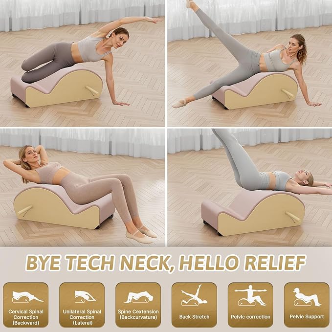 Wooden Pink Pilates Arc with Spine Corrector for Core Strengthening Back Pain Relief, Pilates Spinal Corrector Arch Barrel for Back Flexibility，at Home Reformer Pilates Posture