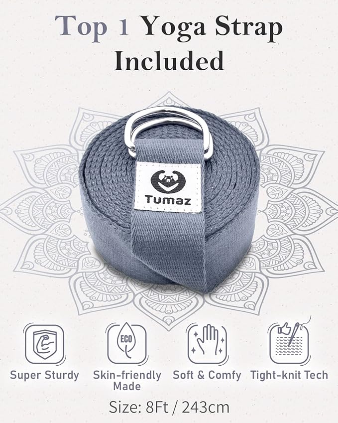 Tumaz Yoga Bolster Set - Rectangular Bolster Pillow for Restorative Yoga, Soft Meditation Pillow with Carry Handle and 8-Feet Strap, Machine Washable Cover