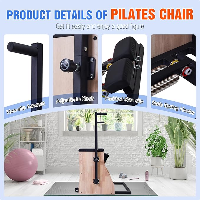 Pilates Chair for Yoga Fitness Pilates Reformer Machine with Split Pedal,Handles & Springs of Different Resistances Pilates Combo Equipment Non-Slip Socks for Home Use Gym Workout & Rehabilitation