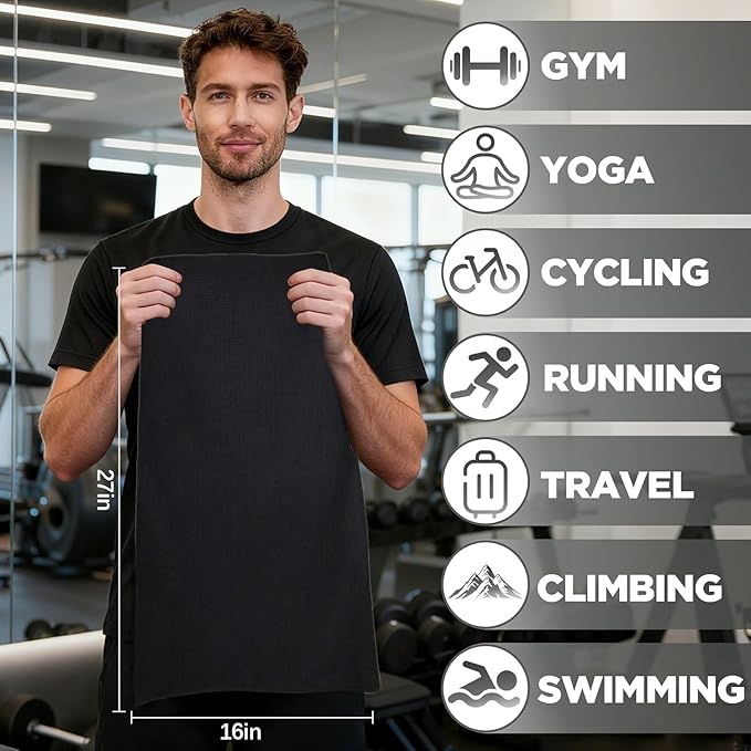Microfiber Gym Towels for Working Out, Quickly Dry Yoga Towels for Men & Women Tennis, 16 Inch x 27 Inch, 3Pack - 16 * 27Inch, Black