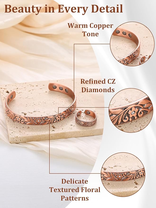BioMag Copper Bracelet & Ring for Women, 99.99% Pure Copper Magnetic Bracelet Lymphatic Drainage Rings with 3500 Gauss Magnets, Adjustable & Flower Pattern (Copper-D)