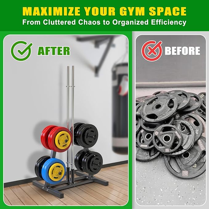SELEWARE Olympic Weight Plate Tree Rack with 8 Weight Pegs & 2 Barbell Holders, Heavy-Duty Steel Gym Storage Organizer with Locking Wheels for 2 Inch Olympic Plates & Bars