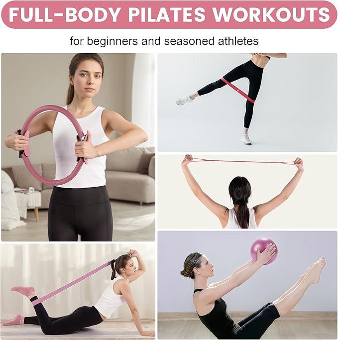 Pilates Ring Circle Fitness Set 17 pcs Equipment Accessories Workouts Includes Pilates Ball Magic Circle Yoga Ring Knee Pads and Resistance Bands for Women Set Gift for Women Weight Loss