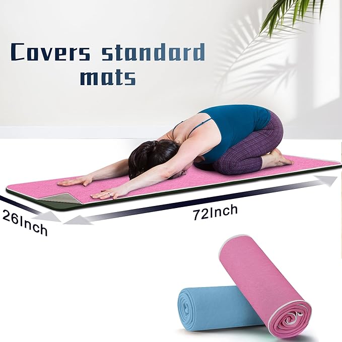 Hot Yoga Towel Non-Slip, 2 Pack Thick & Soft Yoga Mat Towel, Sweat Absorbent, with Grip Dot, 72" x 26", Yoga Towel for Hot Yoga, Pilates, Fitness and Gym Workouts, BluePink