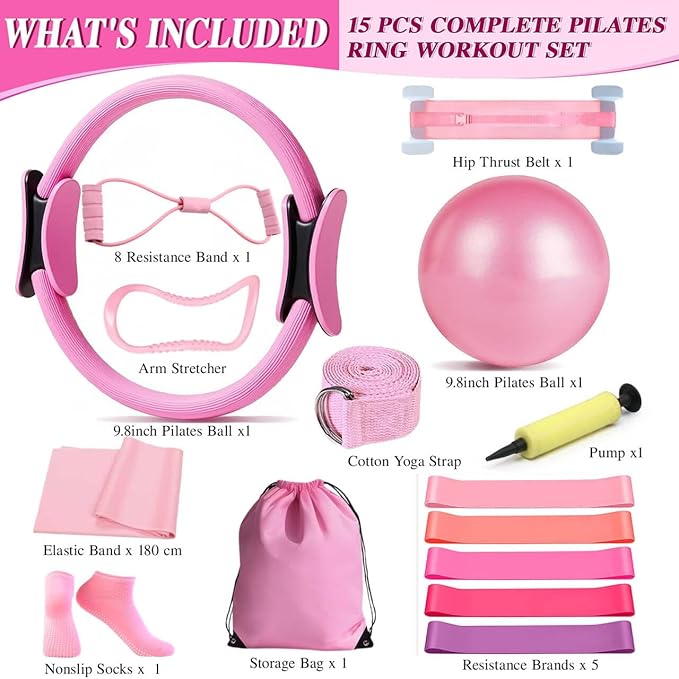 Home Pilates Kit for Women - Complete Equipment Set with Magic Circle Hoop, Anti-Burst Ball & 5 Resistance Bands for Effective Workouts