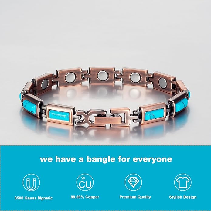 Copper Bracelets for Women, Pure Copper with Colored Turquoise Bracelet, 3500 Gauss Magnets, Fashion Jewelry（FUTI-1）