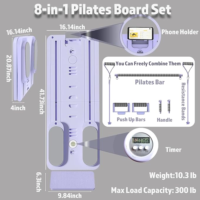 Portable Pilates Reformer Board, Foldable Home Pilates Board kit with Phone Holder and Timer, 8-in-1 Multi-Functional Reformer Pilates Machine
