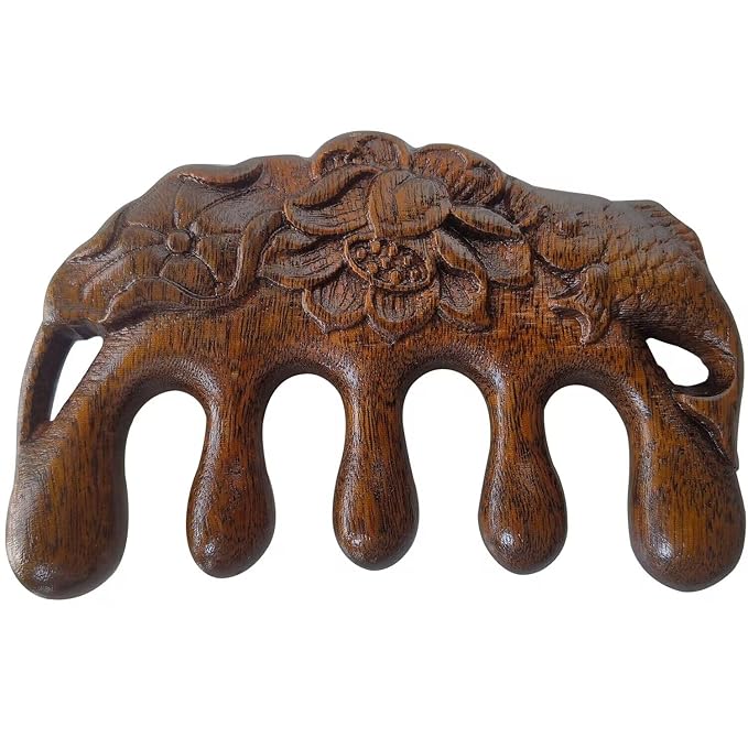 Wooden Massage Comb 100% Natural Handmade Pure wood Five-tooth Meridians Scalp Massager Comb No Static Wide Tooth Combs for Head Scalp Combs Meridians Scraping Massage Tool (Carving style)