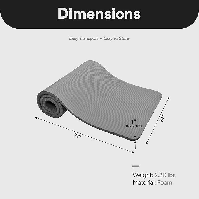 BalanceFrom 71x24 Inches Extra Thick Yoga Mat 1-Inch High-Density Foam – Roll-Up Exercise Pad with Double-Sided Non-Slip Surface and Carrying Strap for Pilates and Home Workouts, Multiple Colors