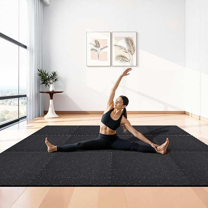 VEVOR 0.4Inch 96sq.ft 24 Tiles Gym Flooring for Home Gym, Rubber Top with High Density EVA Foam, 24 x 24In Gym Floor Exercise Equipment Mats, Interlocking Gym Mats, Puzzle Workout Mats, Black & Gray