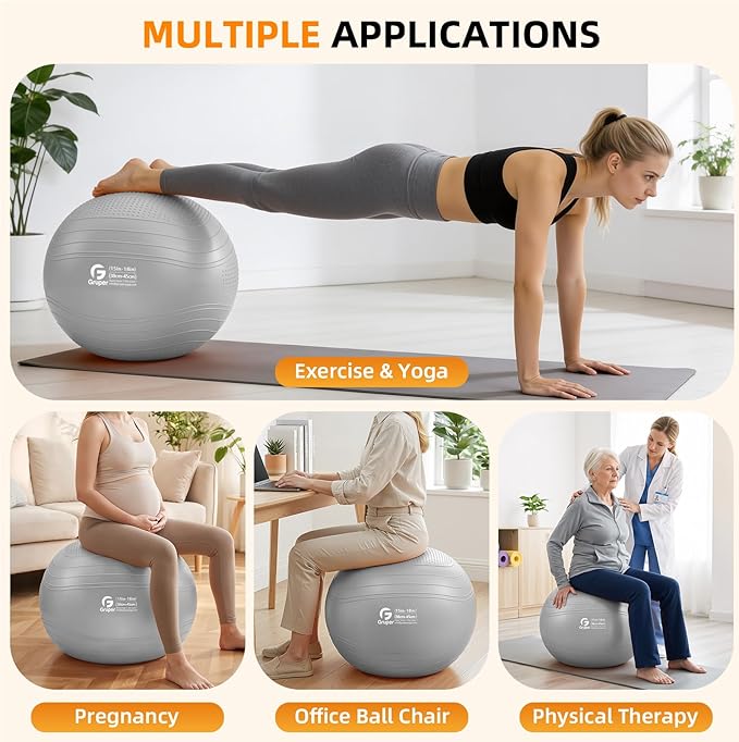 Gruper Yoga Ball, Extra Thick Non Slip Exercise Ball for Workout, Birthing, Balance, Stability, Pregnancy, 4 Sizes Anti Burst Chair for Home and Office, Includes Quick Pump & Fitness Guide