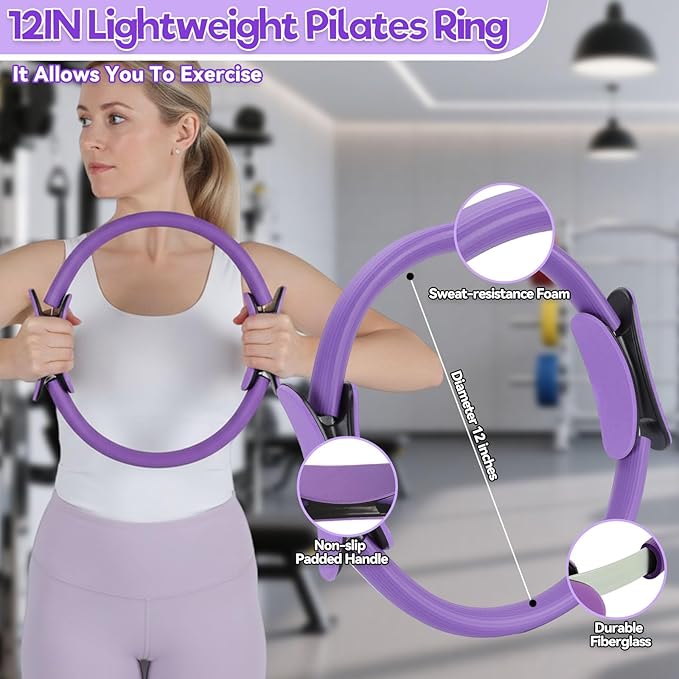 19 Pack Pilates Ring Set for Womem, Home Workout Equipment with 12 inch Magic Circle Pilates Ring and Ball Set, 5 Resistance Bands, Magic Circle, Grip Socks & Accessories for Full Body Toning