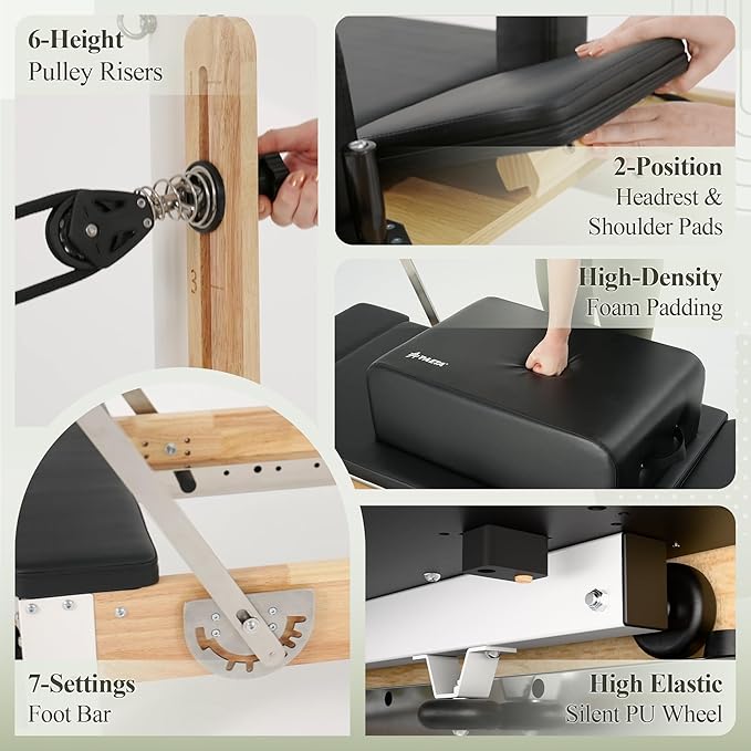 PAETA Pilates Reformer, Wooden Reformer Pilates Machine with Cadillac Trapeze Table, Pilates Equipment for Home Workout and Studio, Includes Sitting Box, Jumpboard