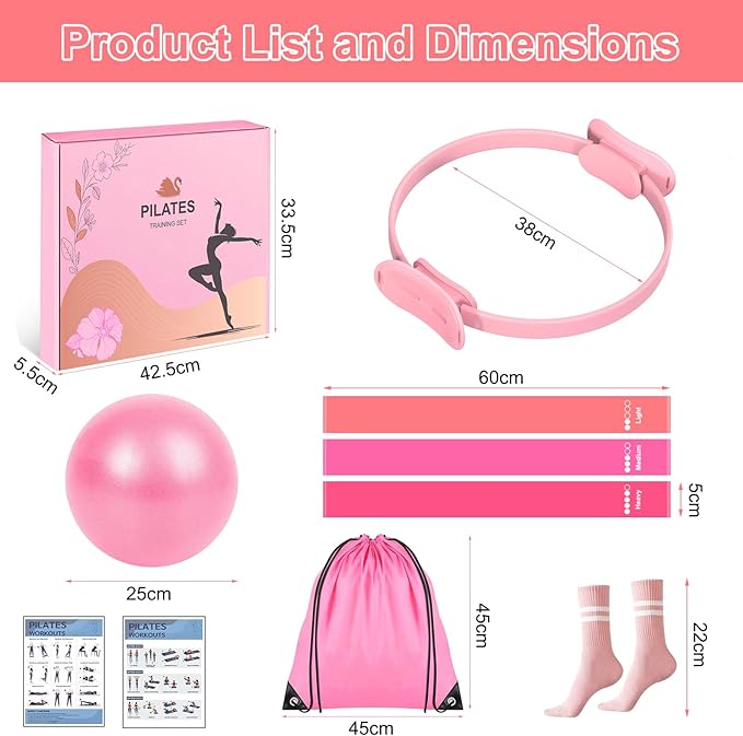 Pilates Ring Gift Set 15" Anti-Deformation Premium Magic Circle, 3 Resistance Bands, Yoga Ball & Anti-Slip Socks | Elegant Home Workout Kit for Women | Birthday/Anniversary Present