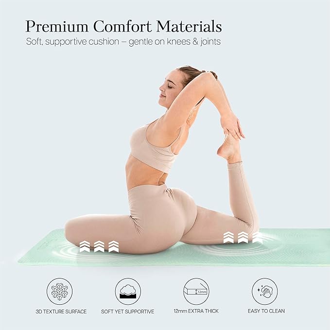 Extra Thick 12mm Exercise Mat – Non-Slip, Joint-Friendly & Cushioned Fitness Mat for Yoga, Pilates & Floor Workouts – Durable, Supportive & Includes Feetlu Classic Strap