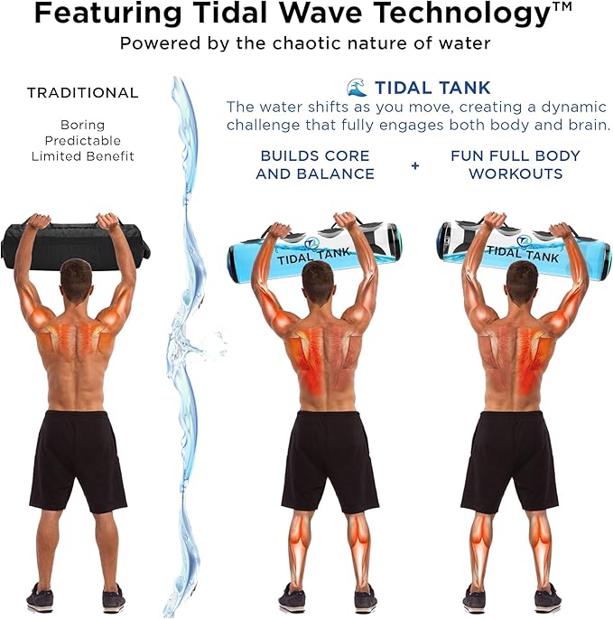 Tidal Tank Tube - The Original Aqua Bag - Water Weight Bag up to 79 lbs - Adjustable Workout Sand Bags Weights Alternative - Portable Sandbag Fitness Equipment Set, Home Exercise Gym - Including App