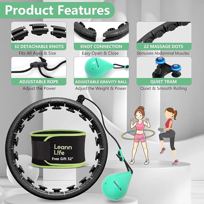 U2 Black-32 Knots 19”- 65”, Detachable & Size Adjustable Weighted Hula Hoop for Kids Adults Weight Loss, Infinity Hoop Plus Size, Abdominal Toner,5 Color Balls, Free Waist Trimmer&Wash Bag