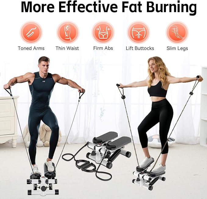 Steppers for Exercise at Home, Mini Stepper with Resistance Bands, Hydraulic Fitness Stepper with LCD Monitor, 360LBS Weight Capacity Portable Stair Stepper for Small Spaces