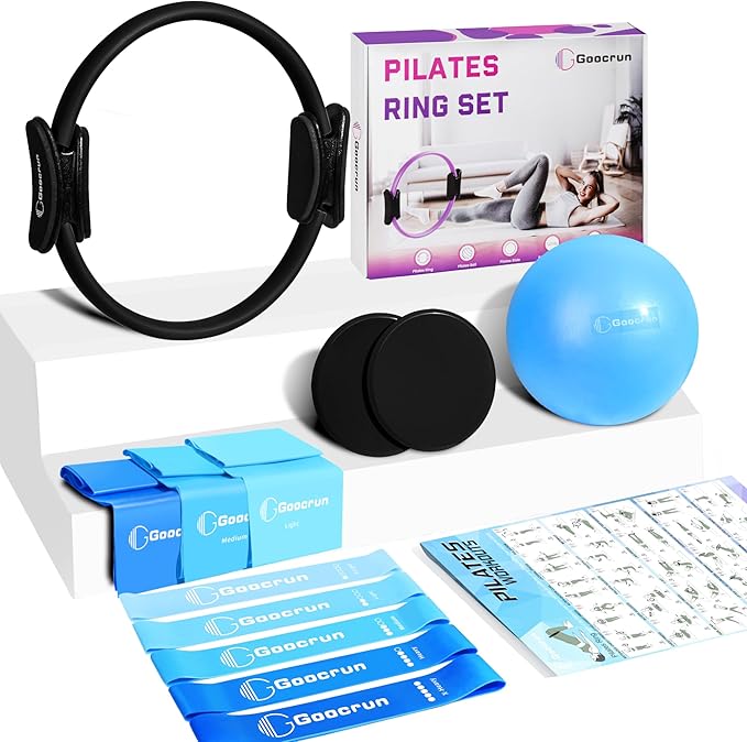Pilates Ring Set Exercise Equipment, with Exercise Resistance Bands Set, Pilates Ball, Sliding Disks. Portable Home Gym - with Fitness Guide Poster