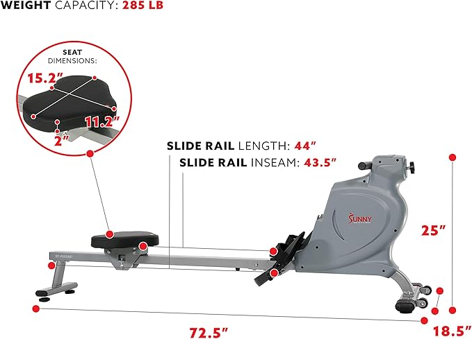 Sunny Health & Fitness Silent Magnetic Rowing Machine with 16 Level Resistance – Home Rower Designed for Low-Impact Full-Body Workouts and Users up to 220 LB - SF-RW5987