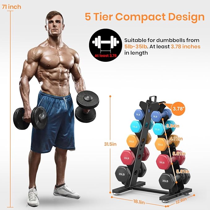 TomCare 6-Tier|5-Tier|4-Tier Dumbbell Rack Stand Only, Weight Rack for Home Gym Storage Stand for Weights Metal A-Frame Strength Training Dumbbell Holder with Handle (Dumbells not Included)