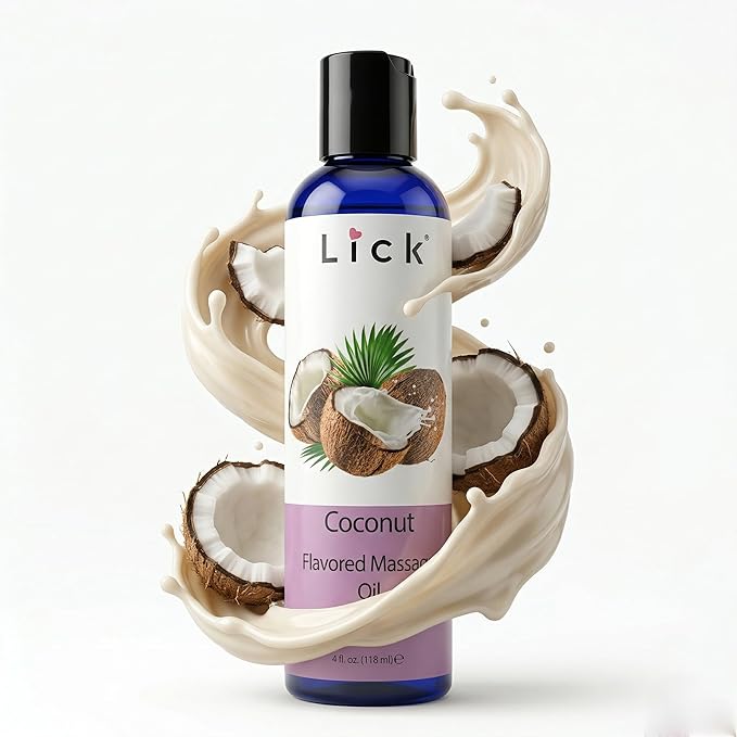 Lick Coconut Flavored Massage Oil – Tropical Edible Massage Oil with Sweet Almond Oil & Vitamin E, Hydrating Body-Safe Formula for Relaxing Couples Massage, 4 oz