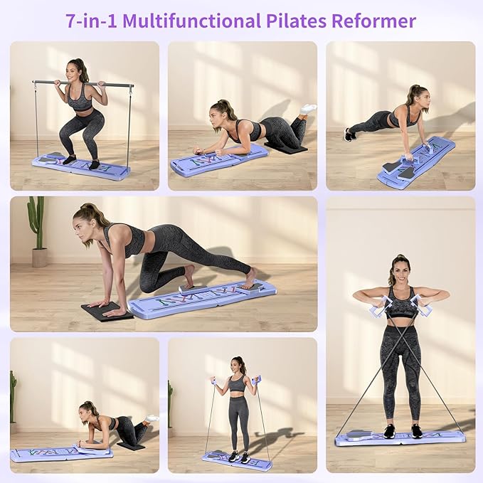 Pilates Board for Home Workout - Upgraded 7 in 1 Portable Pilates Reformer Set, Multifunctional Ab Trainer with Resistance Bands & LED Timer, Pilates Board for Women Full Body Workout
