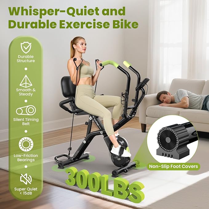 Foldable Exercise Bike, Multifunctional Indoor Stationary Bikes for Home with 8-Level Magnetic Resistance, Quiet Workout Bike with Arm Resistance Bands, LCD Monitor, 300LBS Capacity