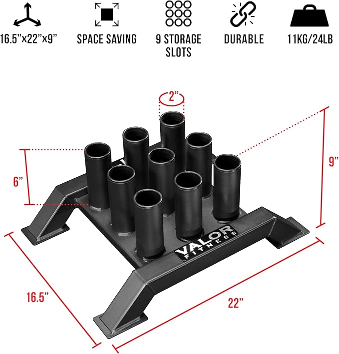 Valor Fitness Olympic Barbell Holder – Vertical 9 - Bar Storage Rack with Protective Sleeve Inserts – Space-Saving Steel Stand for Home Gym & Commercial Gyms