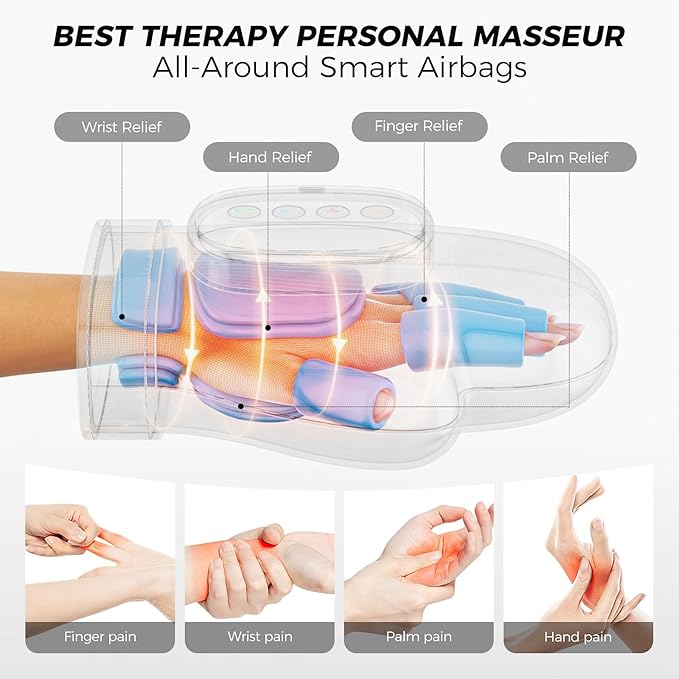 WUX Hand Massager with Heat Compression Relief, 3 Massage 4 Temperatures 5 Compression Models Therapy Glove, Arthritis & Wrist Carpal Tunnel Muscles Pressure Point Therapy, Ideal Gifts for Women/Men
