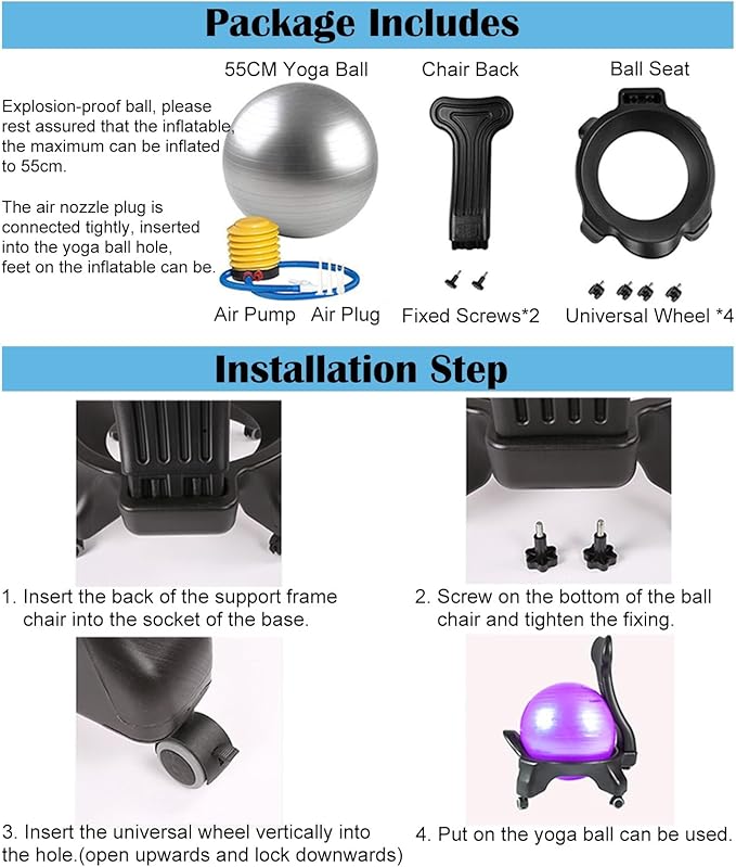 Office Balance Ball Chair, Stability Posture Ball Chair for Sitting at Desk/Restless Legs Relief Adults - with Wheels/Back/Foot Pump, Ergonomic Exercise Ball Chair Stand