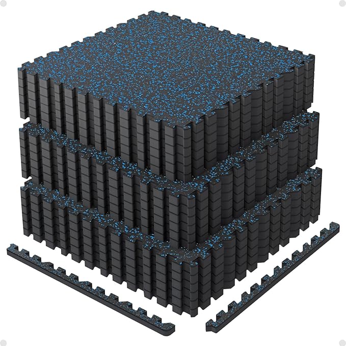AIRHOP 0.79in Thick 72 Sq Ft Exercise Equipment Mats, 18 Tiles Upgraded Rubber Top with High Density EVA Foam, Large Interlocking Puzzle Gym Flooring for Home Gym, Heavy Weight Workout,Black & Blue