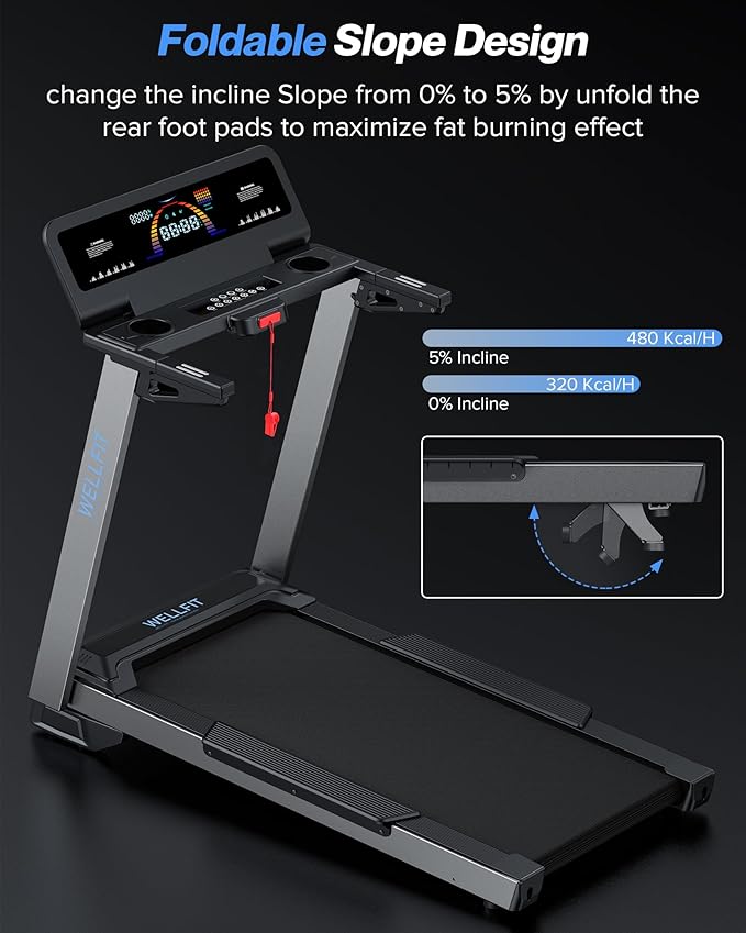 WELLFIT Home Treadmill, 2 Level Incline Heavyduty Treadmill with Pulse Sensor, 4.0 HP, 10 MPH, 450 lbs Capacity, 20'' x 45'' Running Area Treadmills with Bluetooth Player & LED Display