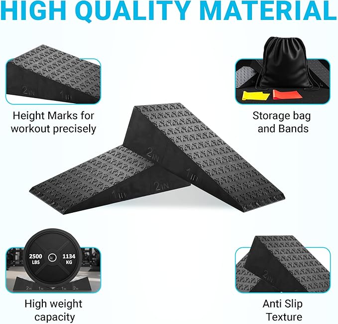 Squat Wedge 2 Pack - Non-Slip 2 Inch Heel Riser for Deeper Squats, Ankle Mobility & Calf Stretching, Portable Slant Board with Storage Bag, Heavy Duty Squat Blocks