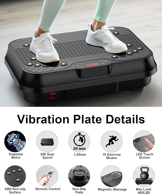 Shake Plate, Vibration Plate Exercise Machine for Lymphatic Drainage, 400 Lbs Capacity Whole Body Vibrating Plate Workout with Fitness Resistance Bands, Max Vibrating Frequency 250/Min for Weight Loss