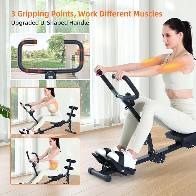 Sportneer Foldable Rowing Machine for Home, Hydraulic Rowing Machine with 12-Level Resistance - Multi Functional Row Machine Equipped with Caster & Backrest, Max 297lbs Weight Load