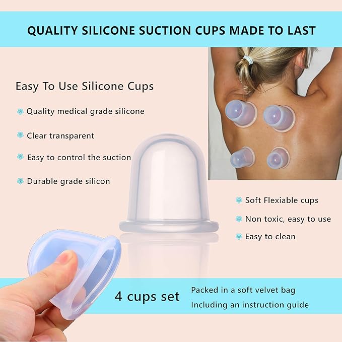 Silicone Cupping Therapy Set – 4 Massage Cups (2 XL, 2 L) – Pain Relief, Muscle Recovery & Cellulite Reduction – Professional Cupping Kit for Home, Gym & Athletes