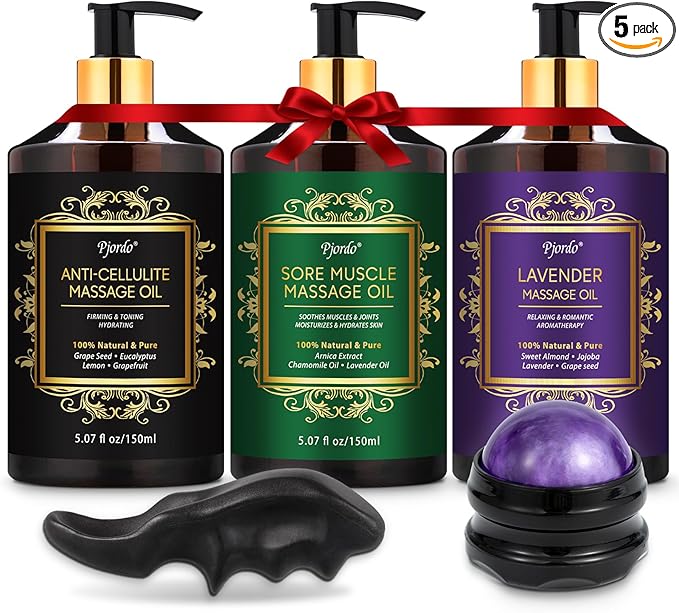 3 Pack Massage Oil for Massage Therapy, Lavender Oil for Relaxation, Sore Muscle Arnica Oil & Cellulite Massage Oil, with Massage Roller Ball & Thumb Saver Tool, Massage Kit for Him Her