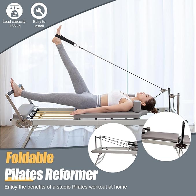 Foldable Pilates Reformer,Portable Pilates Reformer,Pilates Reformer with Alloy Springs Resistances,Pilates Machine & Equipment for Home Use and Gym Workout, Suitable for Beginners and Intermediate