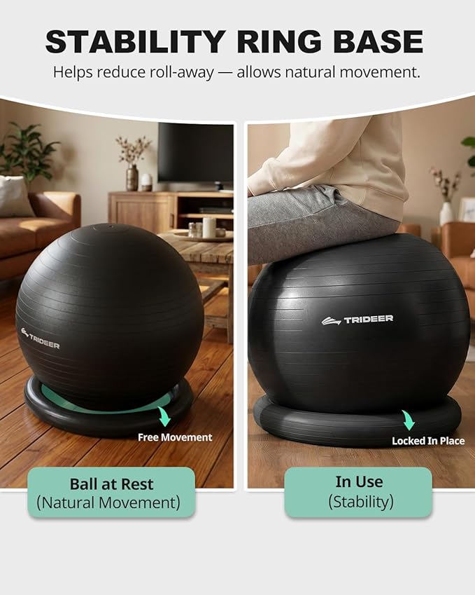 Trideer Exercise Ball for Office Desk, Yoga Ball Chair to Relieve Back Pain, Stability & Fitness Ball Seat with Base, Home Gym Core Workout, Abs, Stretching & Therapy