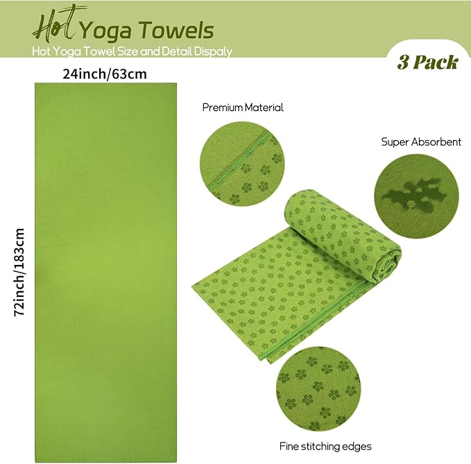 3 Pack Hot Yoga Towels with Plum Blossom Dots, Green Non-Slip Yoga Mat Towel, Super-Absorbent Soft Suede Microfiber Towel for Hot Yoga, Pilates, Bikram and Exercise Workout(24" x72",Green)