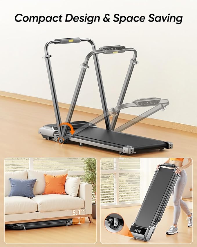 Walking Pad Treadmill with Incline, 2 in 1 Foldable Treadmills for Home Small Office, 300lbs Portable Compact Under Desk Treadmill with App, Remote Control and LED Display
