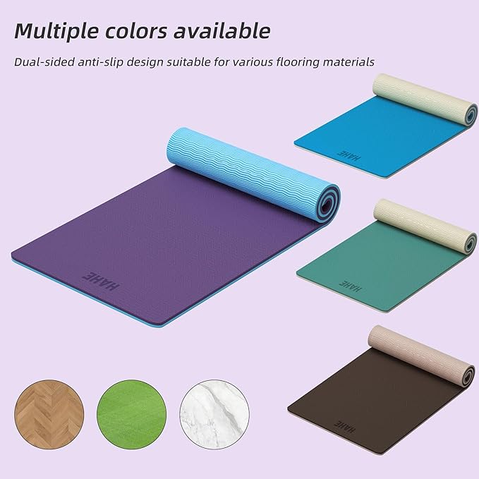 HAHE Yoga Mat Thick, 72"x32"x0.4"Th (10mm), Wide Non-Slip Exercise Mat with Carry Strap, Double-Sided POE Fitness Mat for Yoga, Pilates & Floor Workouts