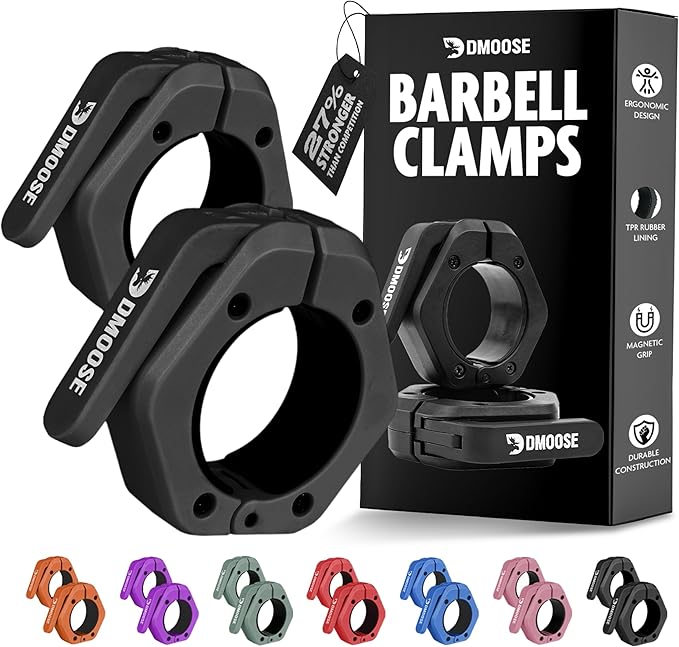 DMoose Fitness Barbell Clips 2 Inch (Pair) - Quick Release Olympic Barbell Clamps & Collars with Anti Slip TPR Grip for Secure Weightlifting and Powerlifting - Weight Clips for Bars at Home or Gym