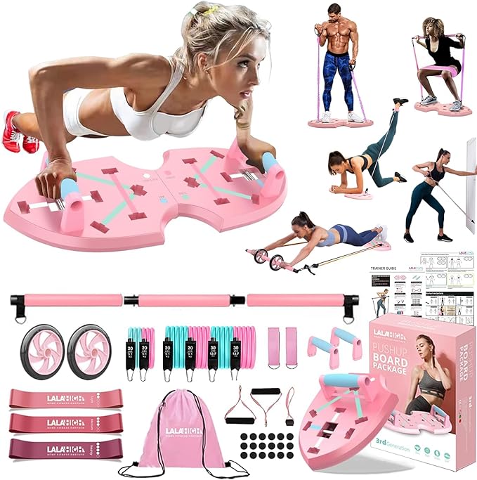 LALAHIGH Home Workout Equipment for Women, Multifunction Push Up Board, Portable Home Gym System with Resistance Bands,Ab Roller Wheel, and 20 Gym Accessories, Professional Strength Training Exercise
