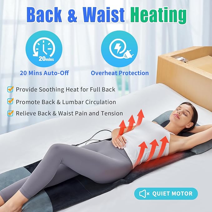 Full Body Massage Mat, Back Massager for Pain Relief Deep Tissue, 3D Shiatsu Neck and Back Massager with Heat, 3D Lumbar Traction & Relaxation, 4 Vibrating Motors, Massage Pad for Bed, Fit 5'1-6'2