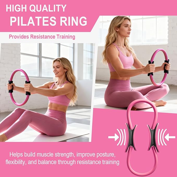 Pilates Ring Equipment Set, Home Pilates Kit for Women with 13’’ Magic Ring with Dual Padded Handles, Small Pilates Ball, 5 Resistance Bands & Complete Fitness Guide, Pilates Essential Accessories