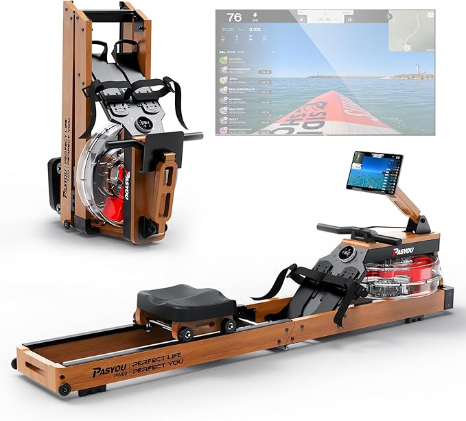 PASYOU Water Rowing Machine for Home – Oak Wood Foldable Rower, 350 LBS Capacity, 6-Level Adjustable Resistance, 14L Water Tank, Smart Monitor & Tablet Holder, Bluetooth with Kinomap App