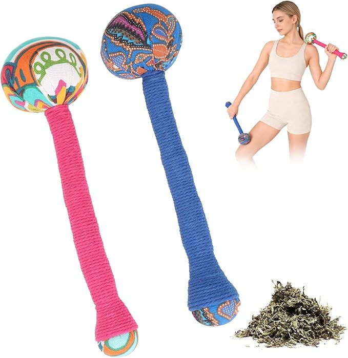 2PCS Herbal Wormwood Lymphatic Drainage Anti Slip Manual Massage Hammer Longer Handle Back Massager for Shoulder, Neck & Muscle Pain Relief (Rose Red/Dark Blue)