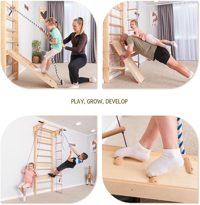 Swedish Ladder Wall Bars with Pull-Up Bar & Dip Station – Wooden Stall Bars, Multifunctional Home Gym Wall Ladder for Strength Training & Stretching
